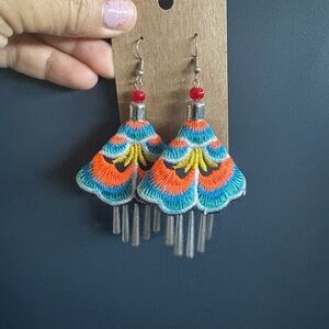 Vibrant Blue and Orange Fan-Shaped Earrings
